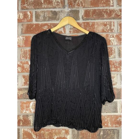 Vintage Beaded Silk Top & Midi Skirt Set Black Elegant Size Medium Formal MOTB - Picture 3 of 6